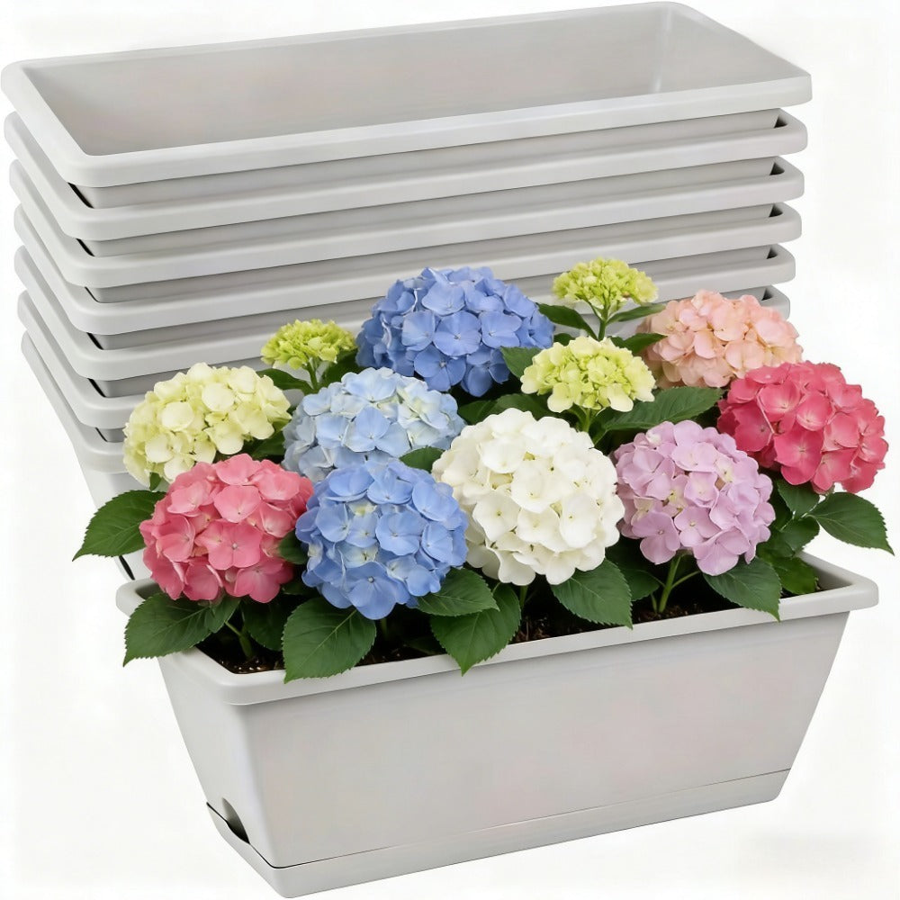 Jardinière rectangulaire plastique 42 cm, lot de 9 avec soucoupes