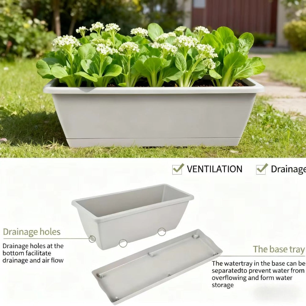 Jardinière rectangulaire plastique 42 cm, lot de 9 avec soucoupes