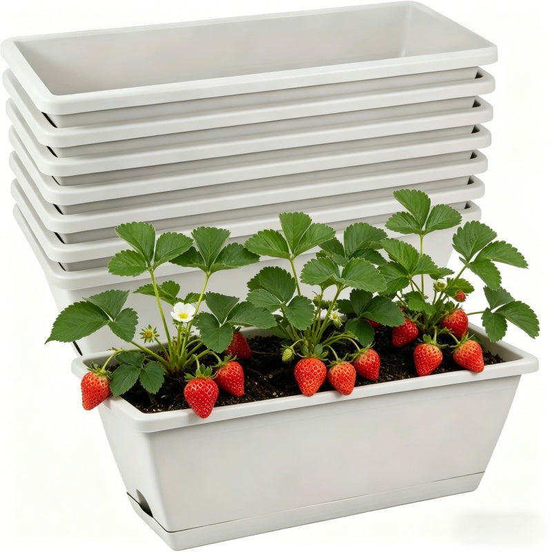 Jardinière rectangulaire plastique 42 cm, lot de 9 avec soucoupes