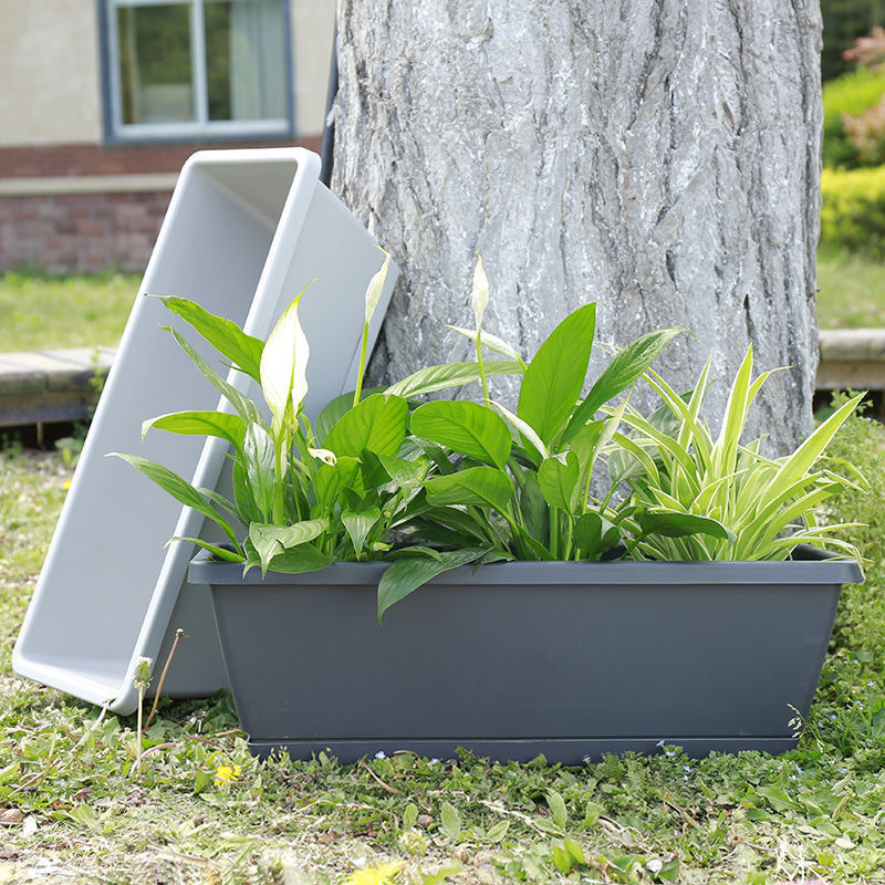 Jardinière rectangulaire plastique 42 cm, lot de 9 avec soucoupes