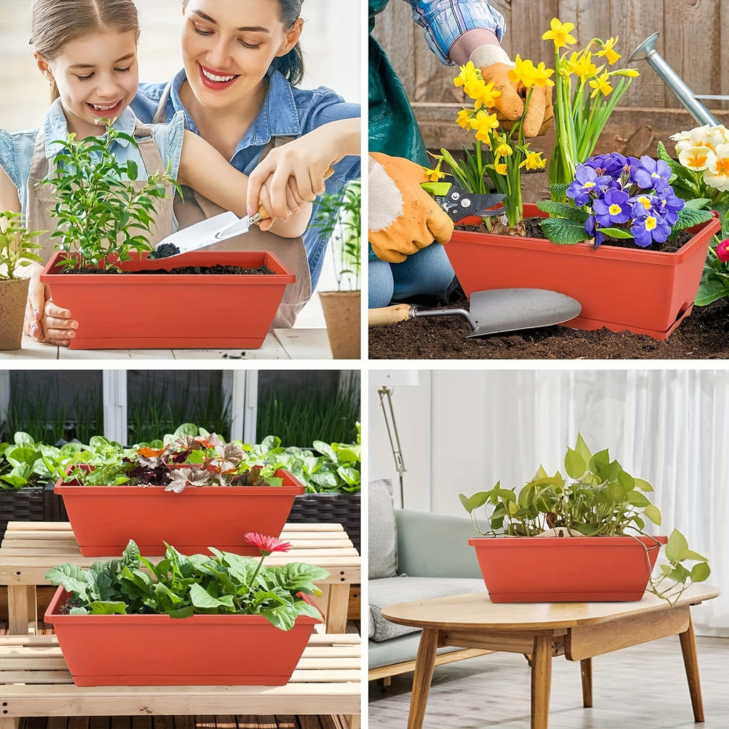 Jardinière rectangulaire verte en plastique, lot de 5 avec soucoupes