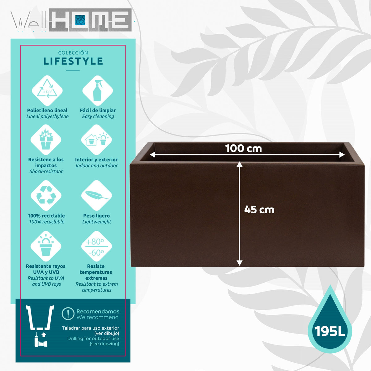 Jardinière rectangulaire XXL brun bronze à réserve d'eau