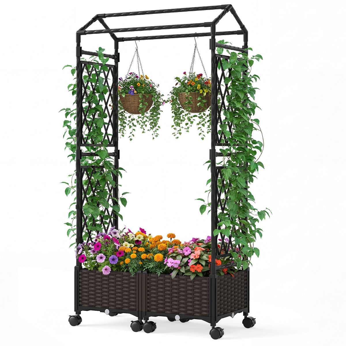 Jardinière à réserve d'eau sur roulettes avec arche treillis