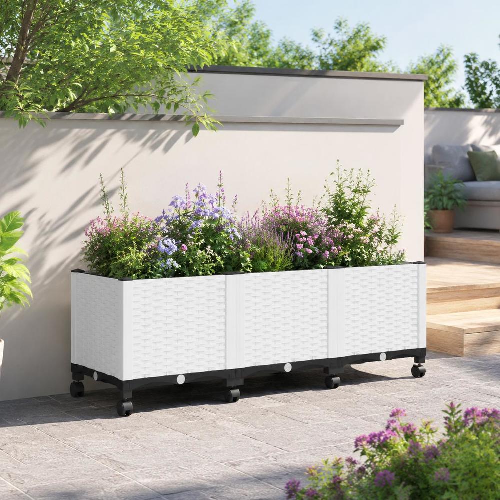 Jardinière à roulettes blanche 120 cm effet rotin tressé