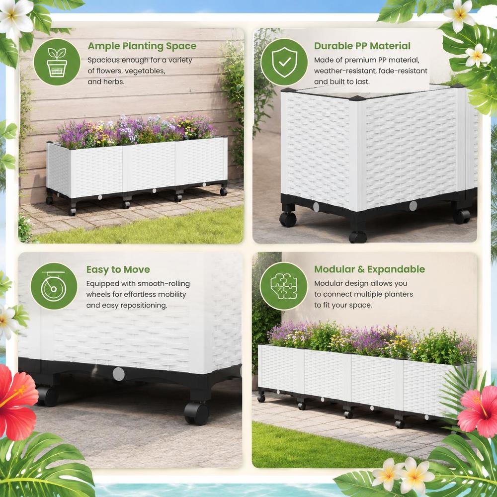 Jardinière à roulettes blanche 120 cm effet rotin tressé
