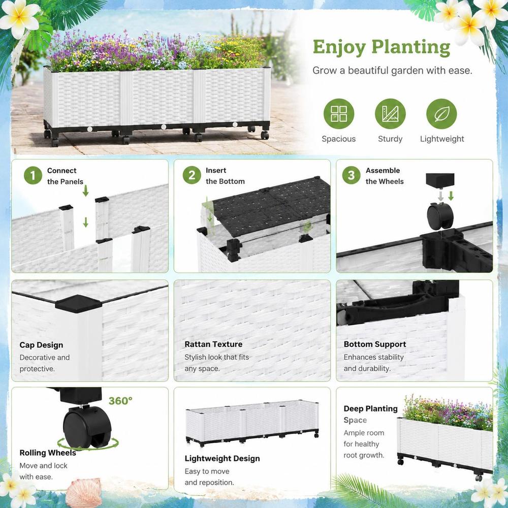 Jardinière à roulettes blanche 120 cm effet rotin tressé