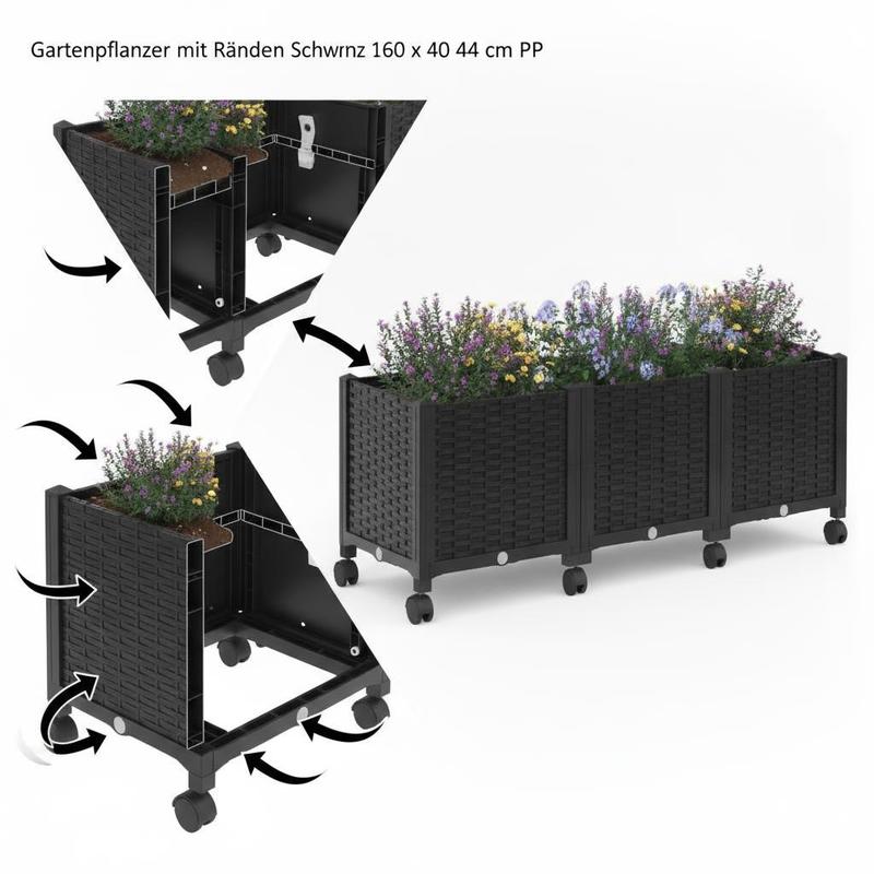 Jardinière à roulettes noire 160x40x48 cm, fond percé d'usine