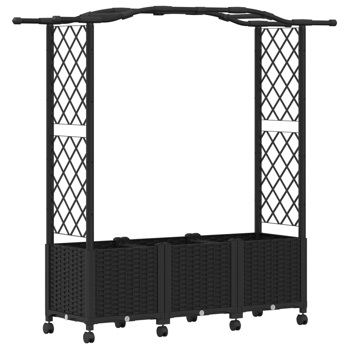 Jardinière à roulettes noire avec arche et treillis 164 cm