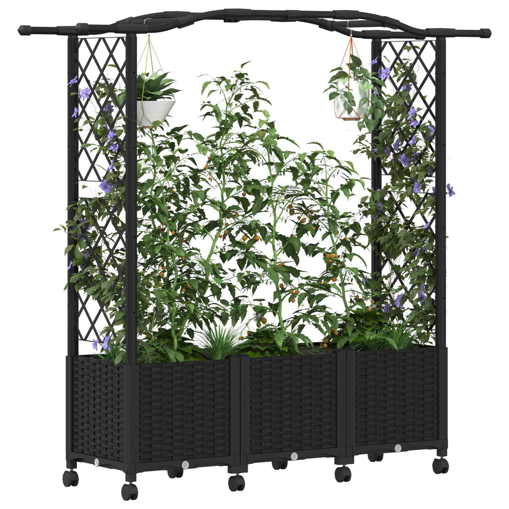 Jardinière à roulettes noire avec arche et treillis 164 cm
