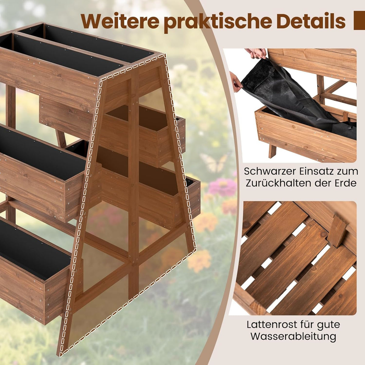Jardinière sur pied en bois 3 niveaux 126x90 cm pour terrasse