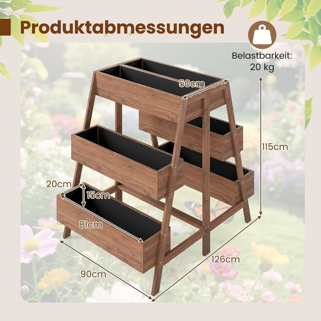 Jardinière sur pied en bois 3 niveaux 126x90 cm pour terrasse