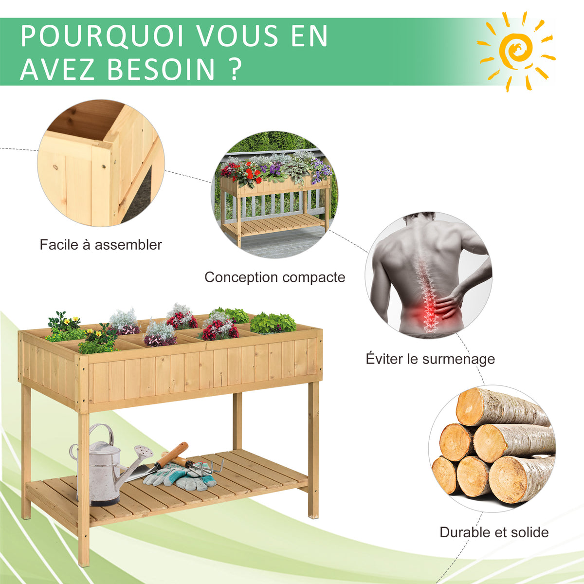 Jardinière potager sur pied en bois 110 cm, 8 compartiments