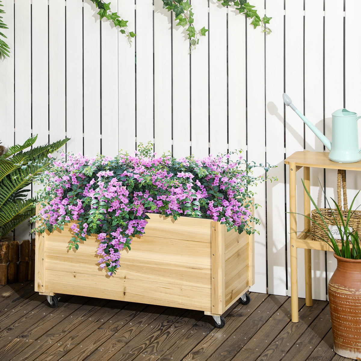 Jardinière sur roulettes en bois 89x48x47 cm avec drainage