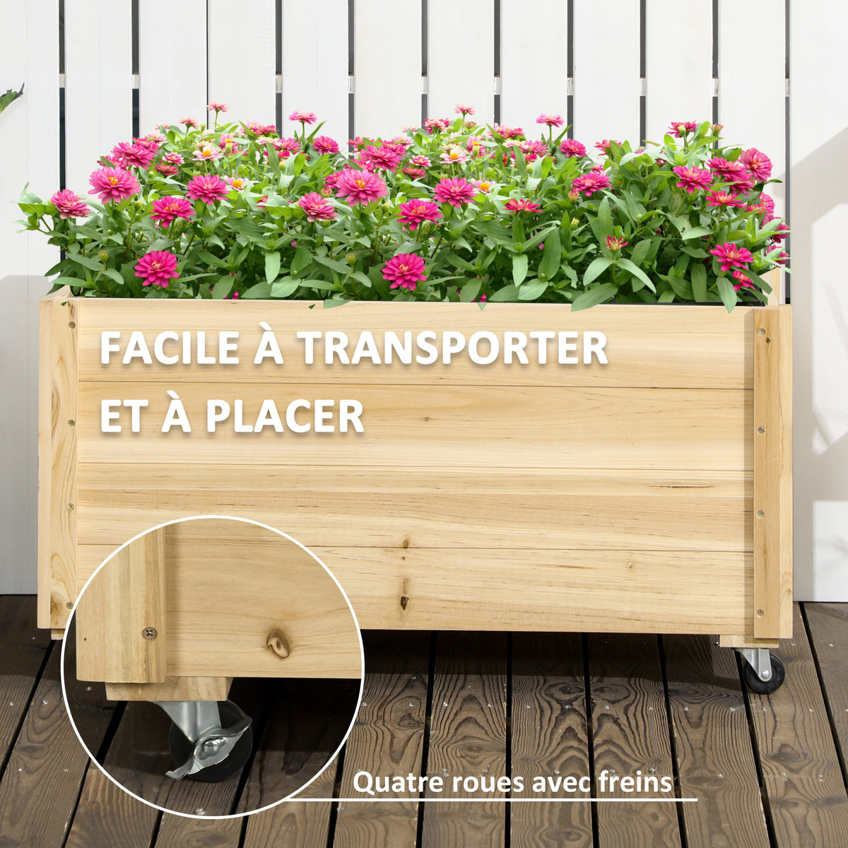Jardinière sur roulettes en bois 89x48x47 cm avec drainage