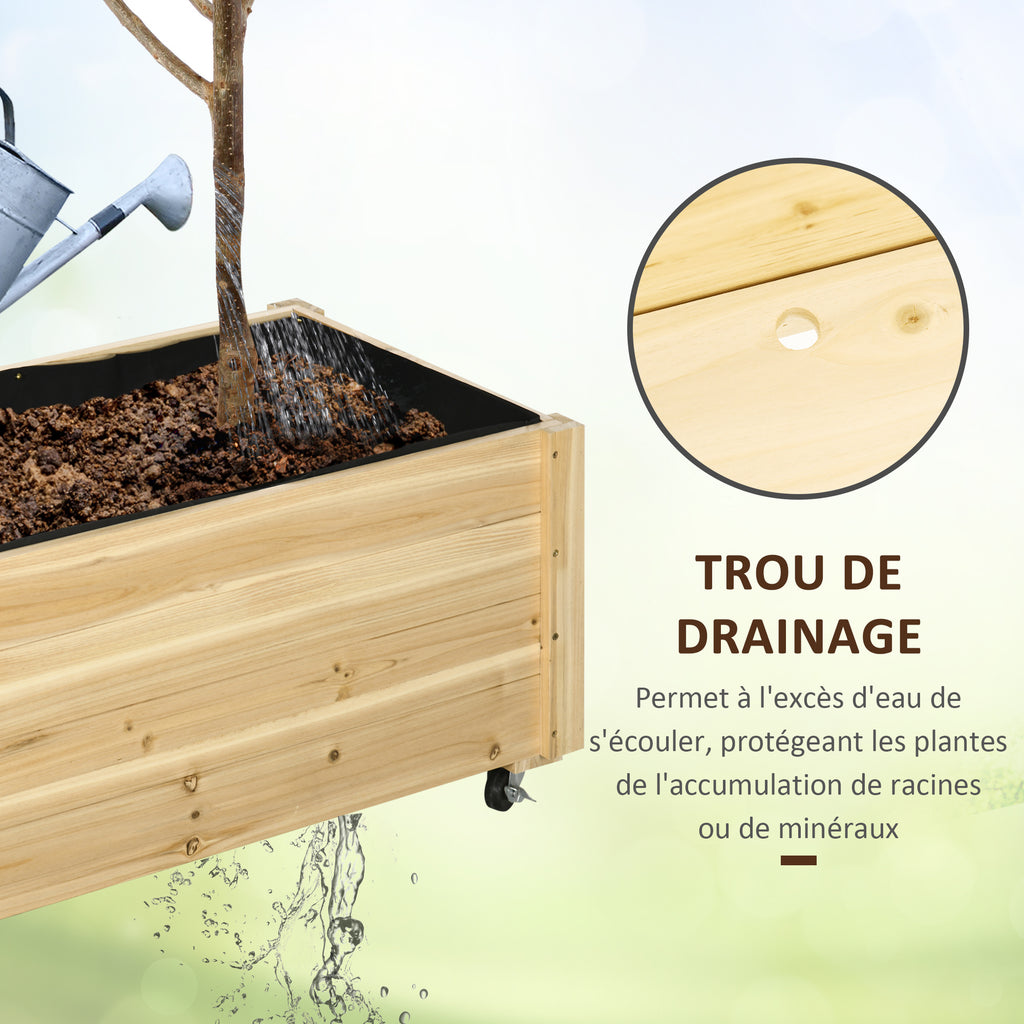 Jardinière sur roulettes en bois 89x48x47 cm avec drainage