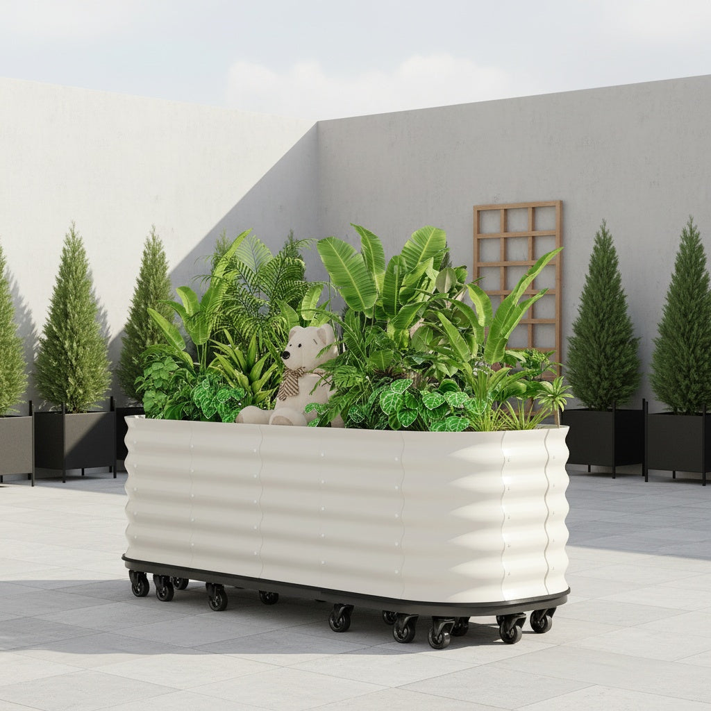 Jardinière surélevée en acier sur roulettes à réserve d'eau