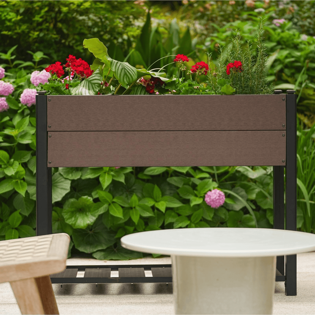 Jardinière surélevée 109x49x85 cm aspect bois avec étagère