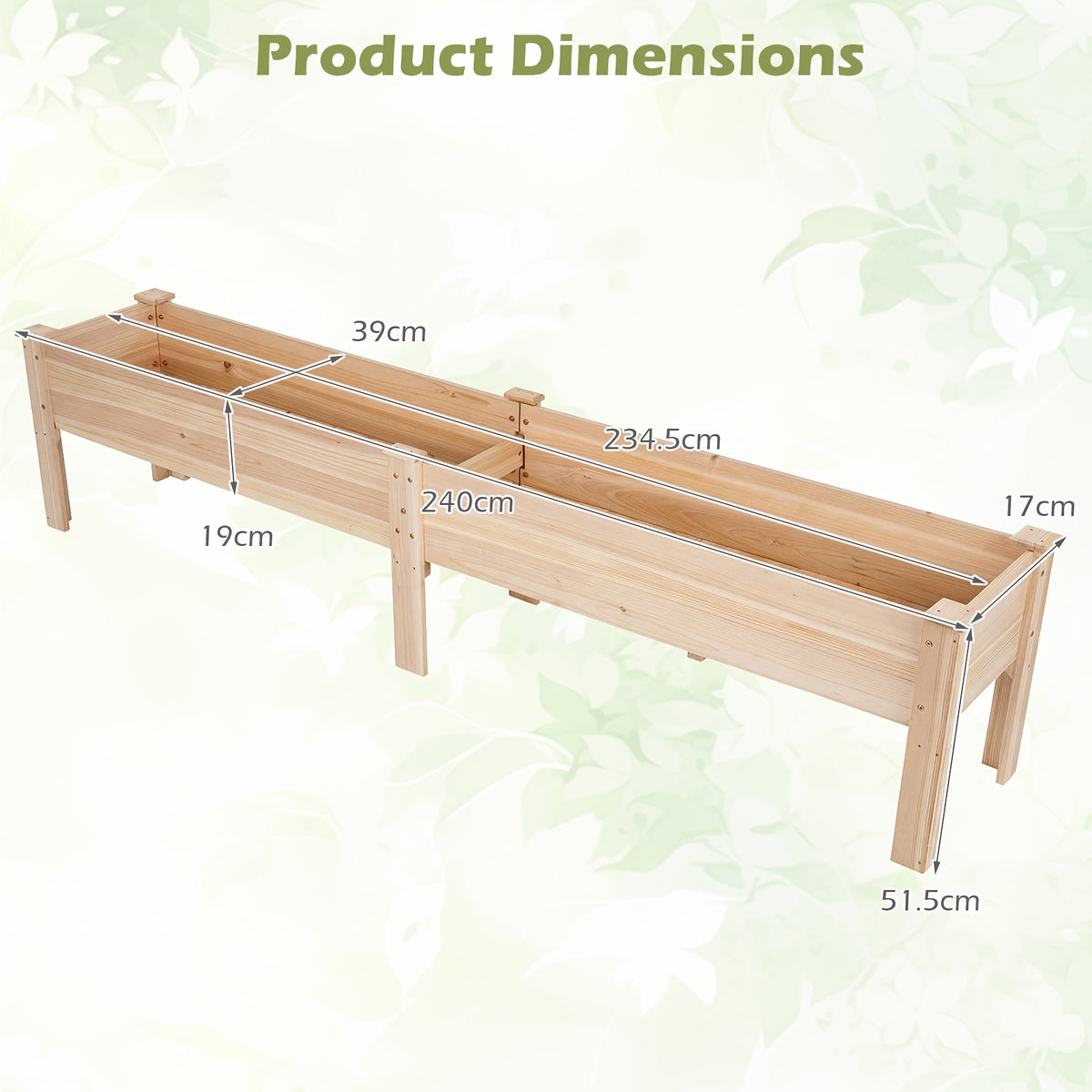 Jardinière surélevée en bois 240 cm sur pied avec drainage