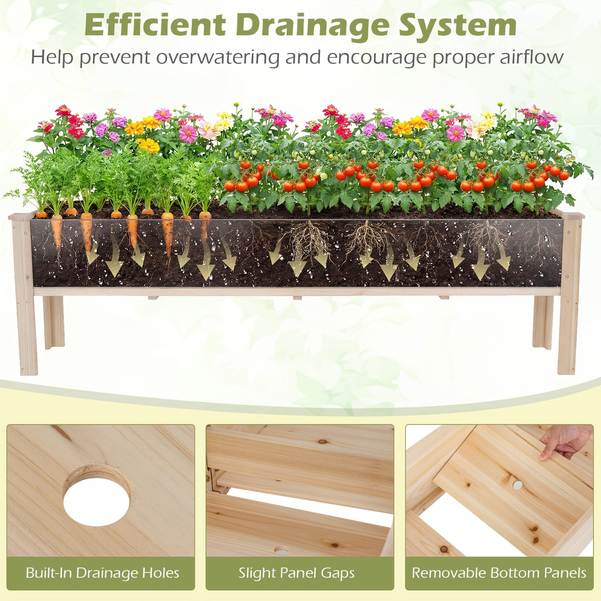 Jardinière surélevée en bois 240 cm sur pied avec drainage
