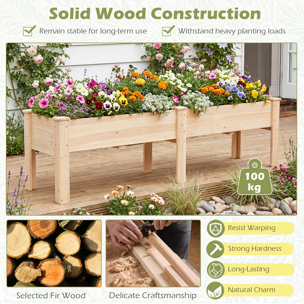 Jardinière surélevée en bois 240 cm sur pied avec drainage
