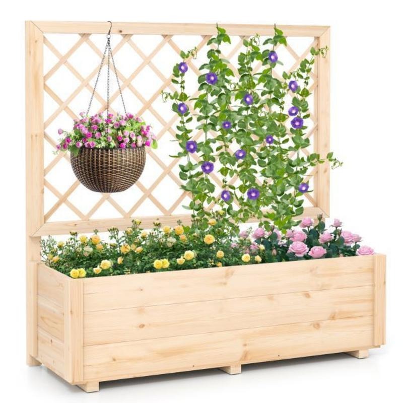 Jardinière surélevée en bois avec treillis 98 cm — Naturel