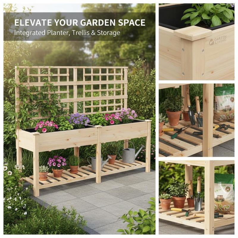 Jardinière surélevée en bois avec treillis et étagère 203 cm