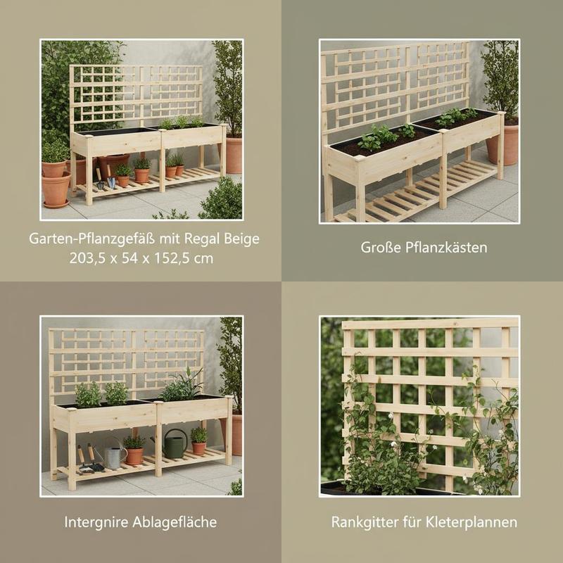 Jardinière surélevée en bois avec treillis et étagère 203 cm