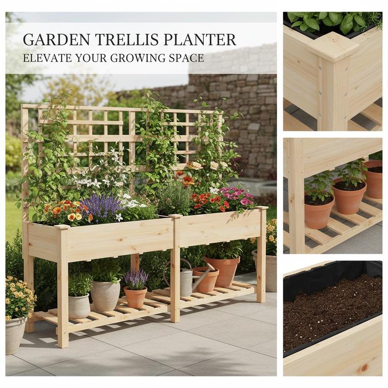 Jardinière surélevée en bois avec treillis et étagère 203 cm