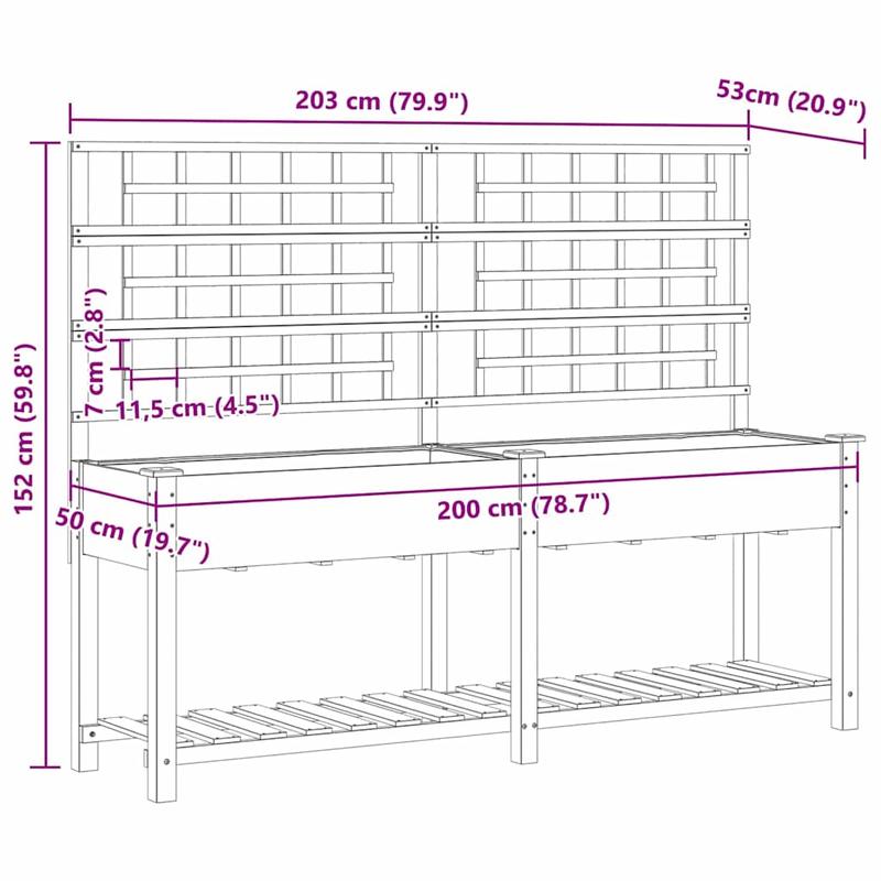 Jardinière surélevée en bois avec treillis et étagère 203 cm