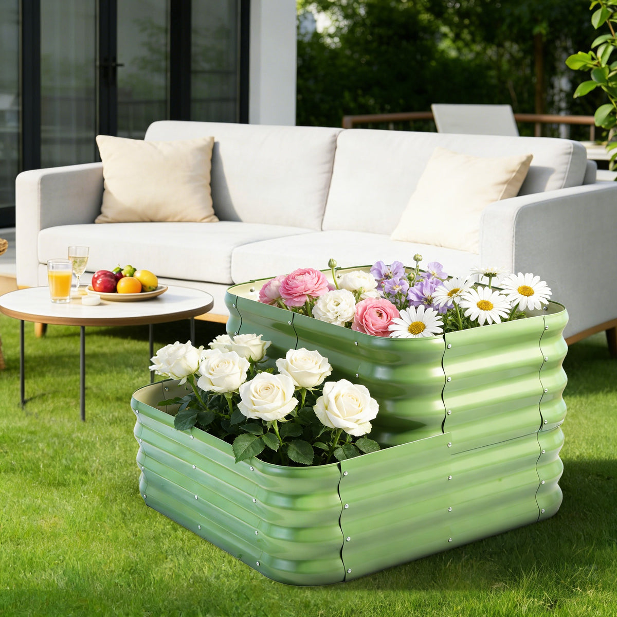 Jardinière surélevée à deux niveaux 91x91x55 cm — Acier vert