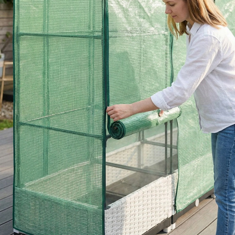 Jardinière surélevée 160 cm effet rotin avec serre zippée