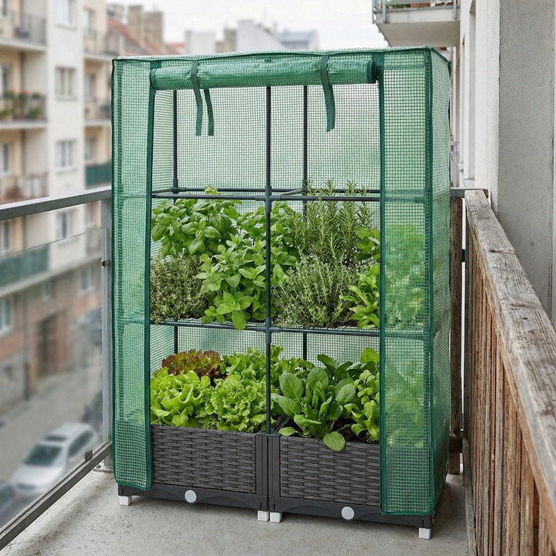 Jardinière surélevée 160 cm effet rotin avec serre zippée