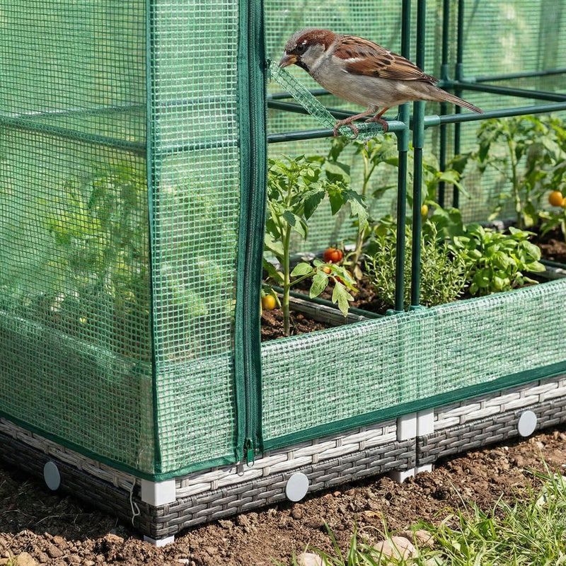 Jardinière surélevée 160 cm effet rotin avec serre zippée