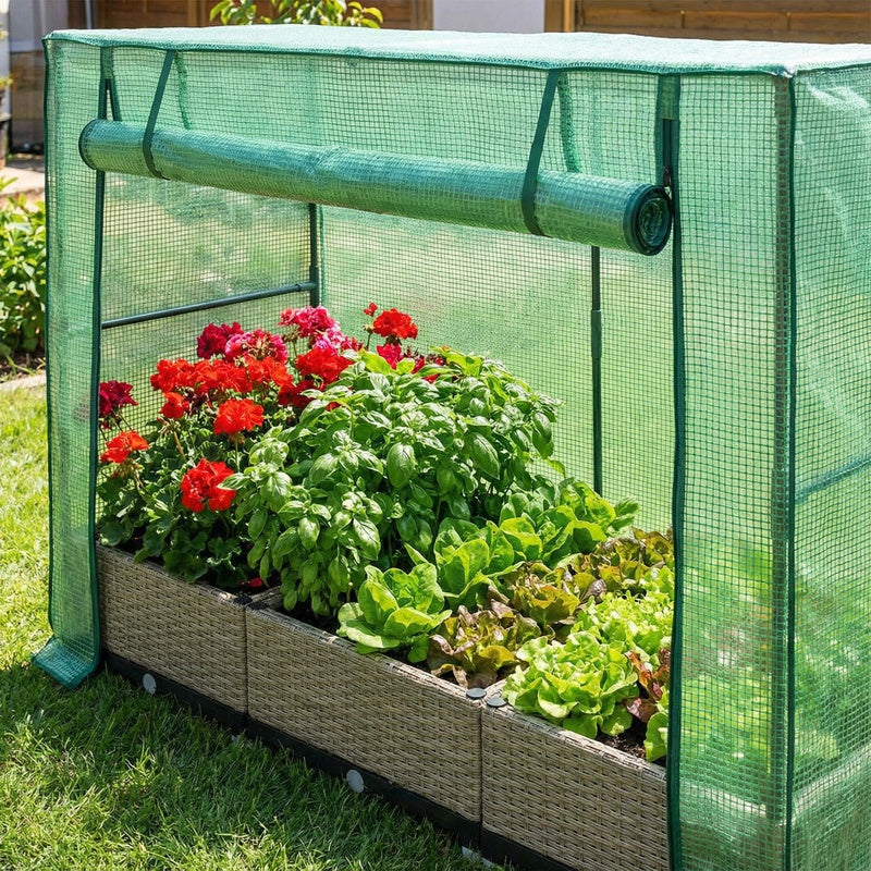 Jardinière surélevée 160 cm effet rotin avec serre zippée
