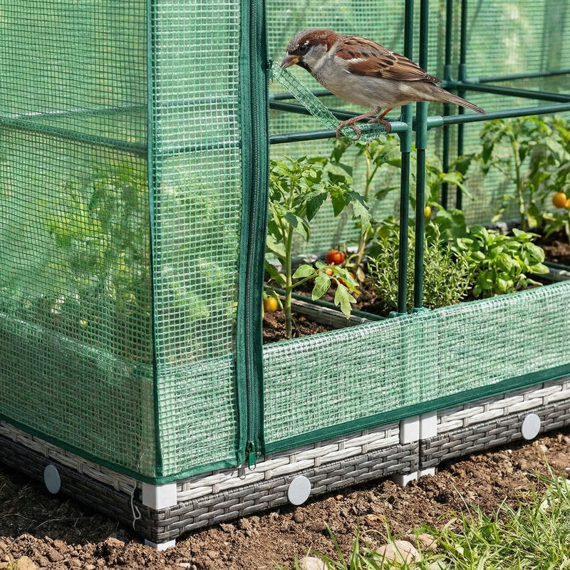 Jardinière surélevée 160 cm effet rotin avec serre zippée