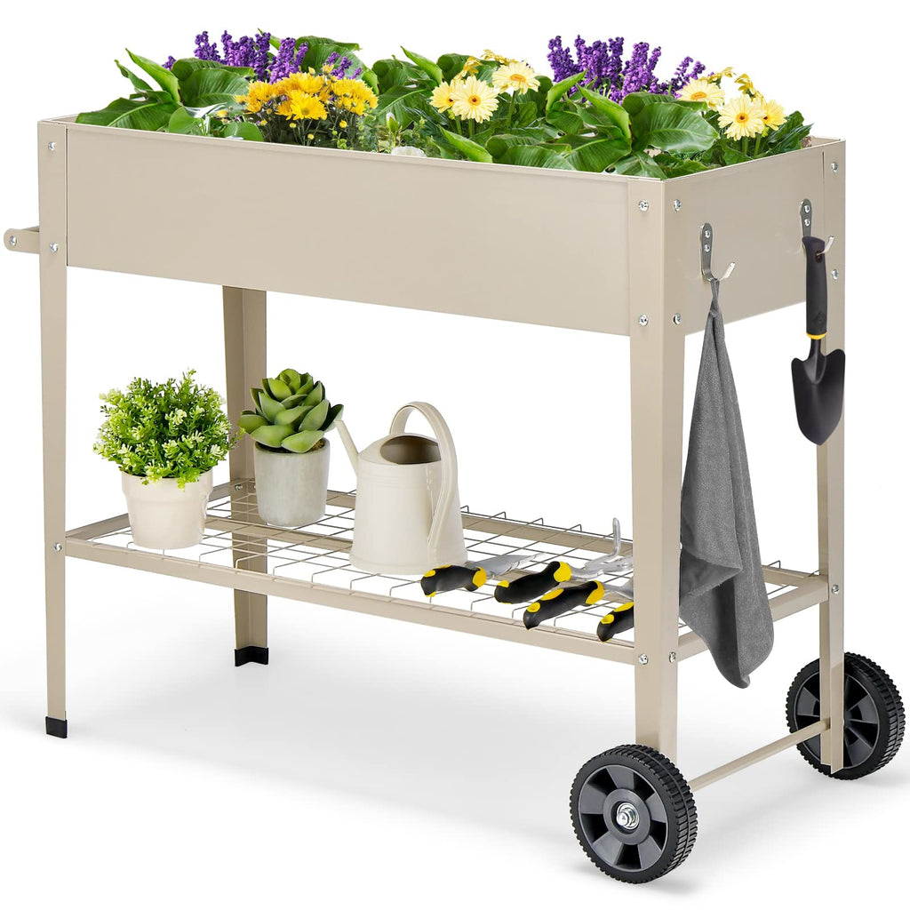 Jardinière surélevée en métal beige sur roulettes avec étagère