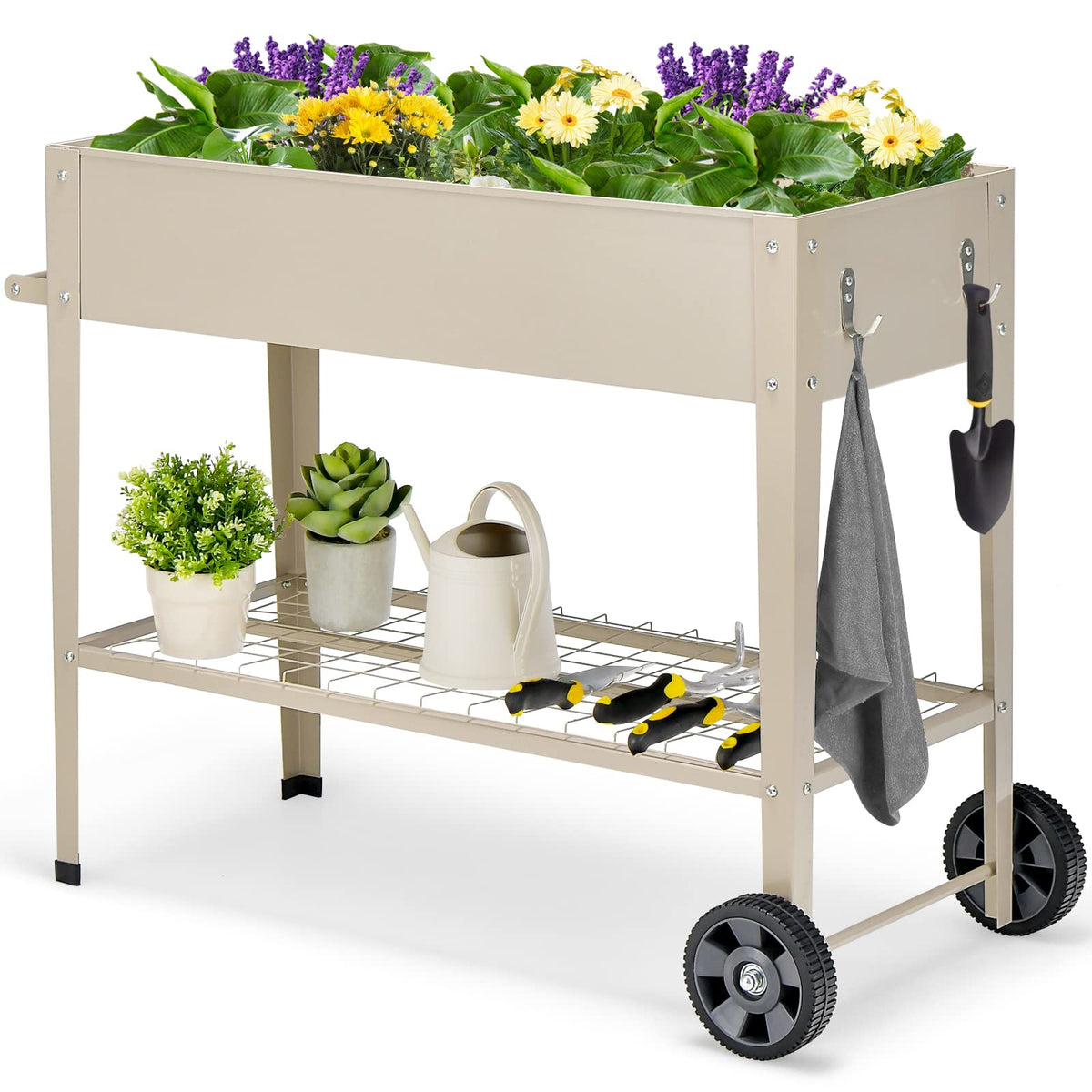 Jardinière surélevée en métal beige sur roulettes avec étagère