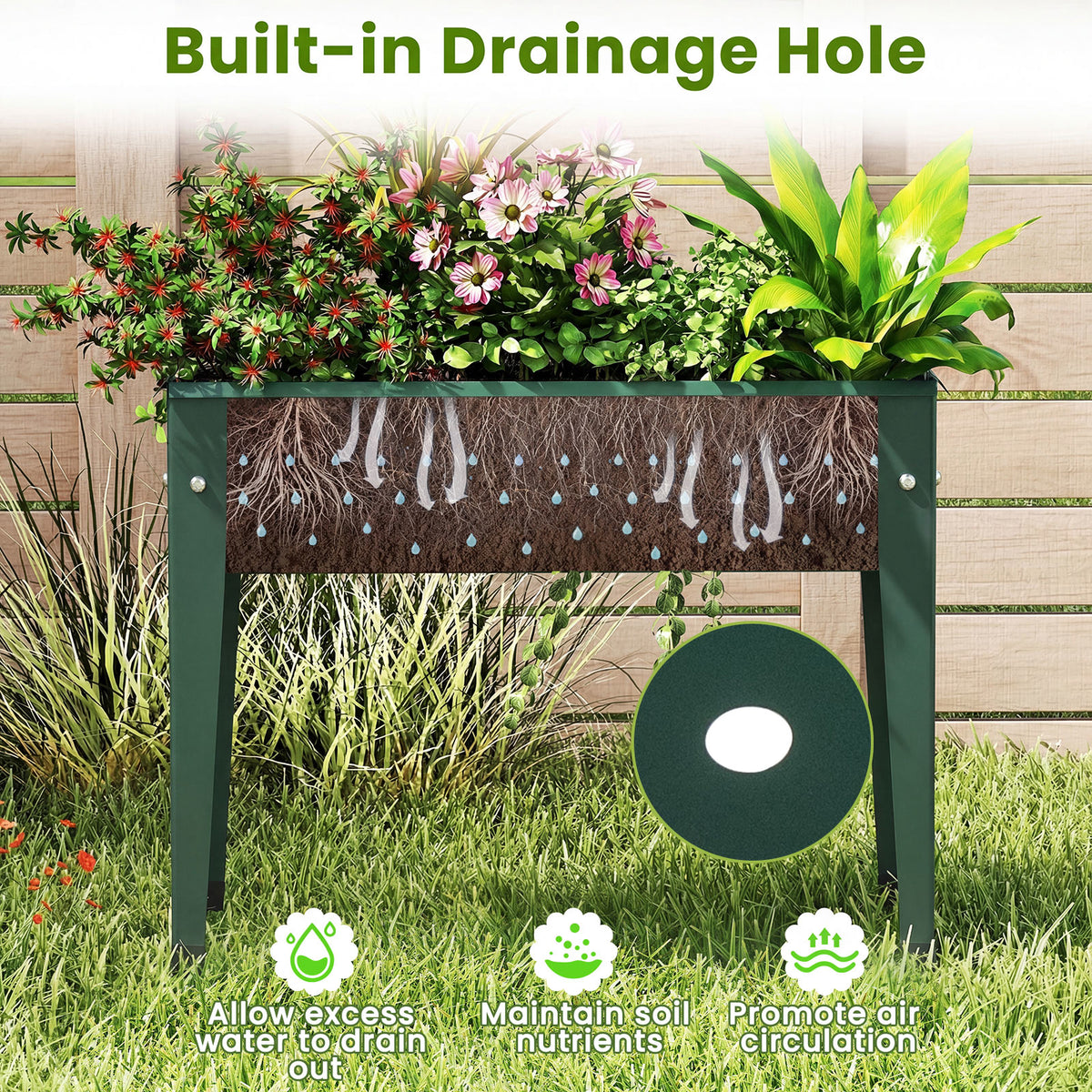 Jardinière surélevée en métal vert 60 cm avec trou de drainage