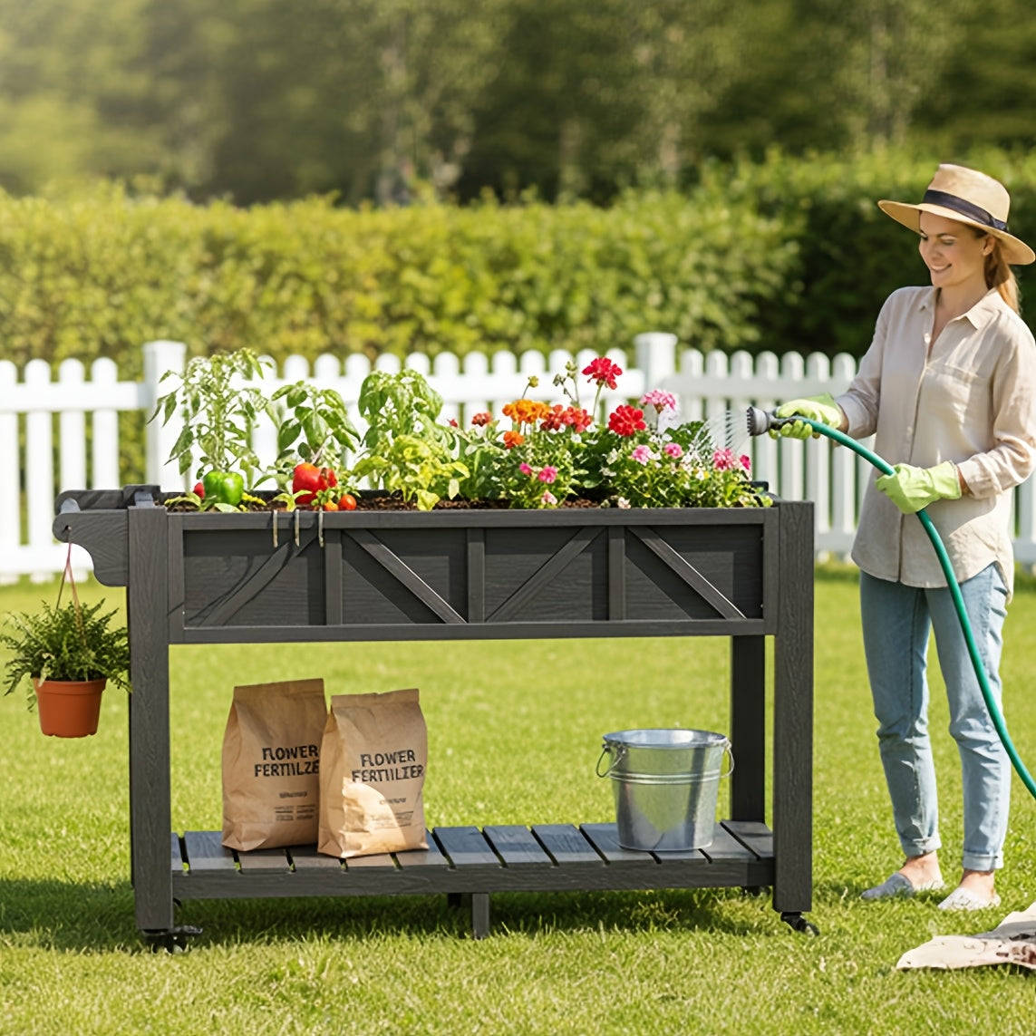 Jardinière surélevée sur roulettes 120 cm avec étagère basse