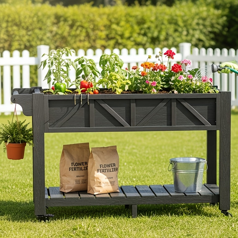 Jardinière surélevée sur roulettes 120 cm avec étagère basse