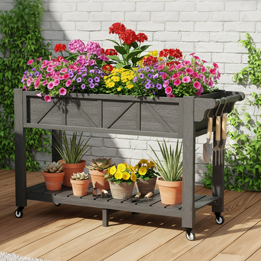 Jardinière surélevée sur roulettes 120 cm avec étagère basse