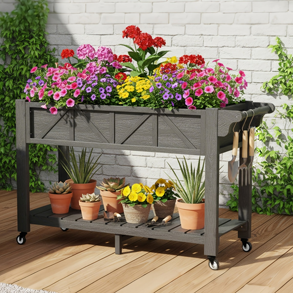 Jardinière surélevée sur roulettes 120 cm avec étagère basse