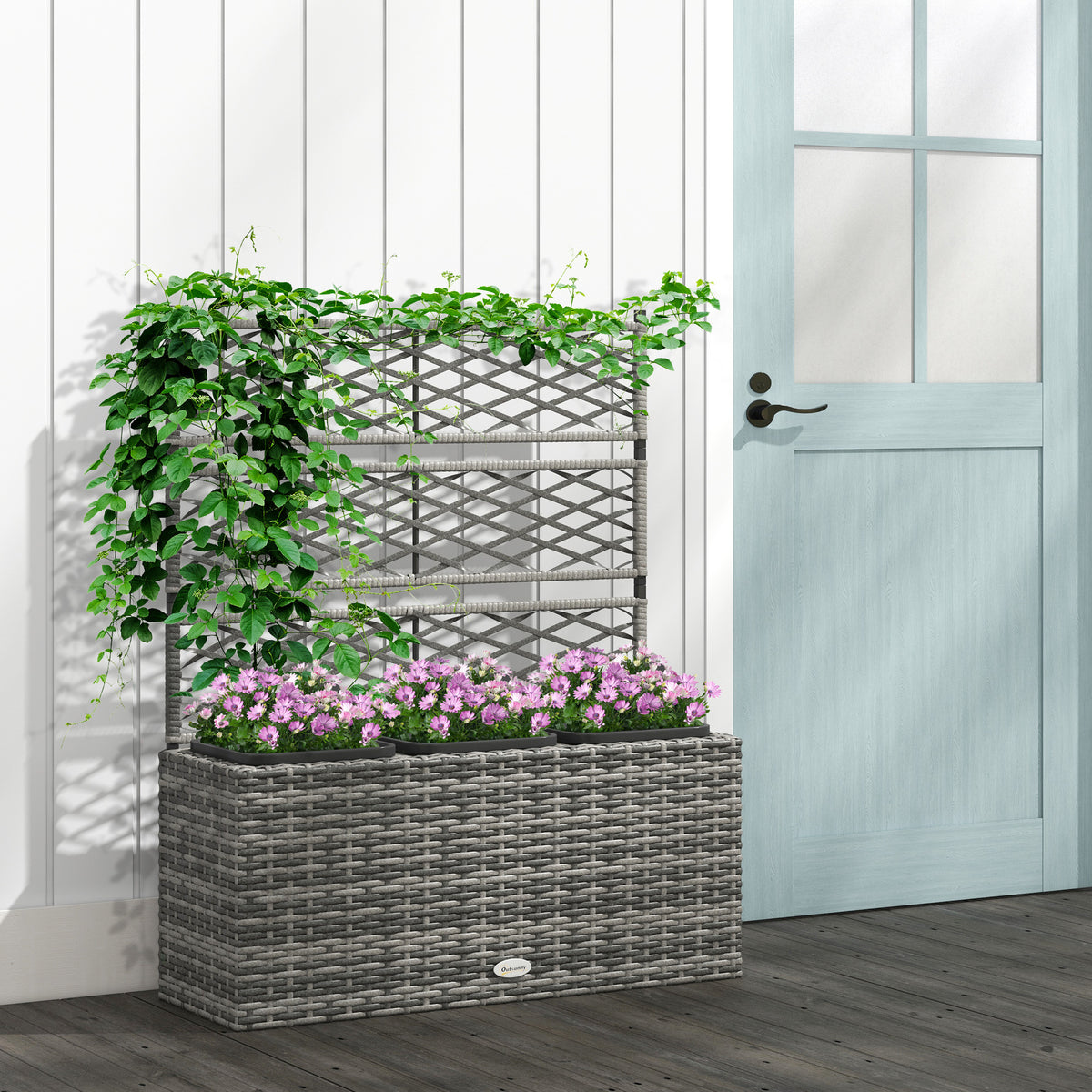 Jardinière avec treillis en résine tressée grise 84x30x107 cm