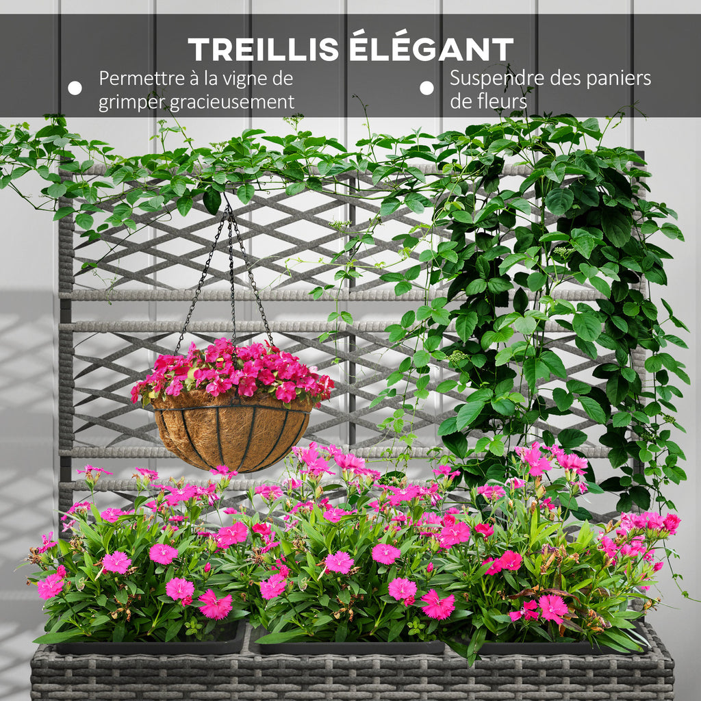 Jardinière avec treillis en résine tressée grise 84x30x107 cm