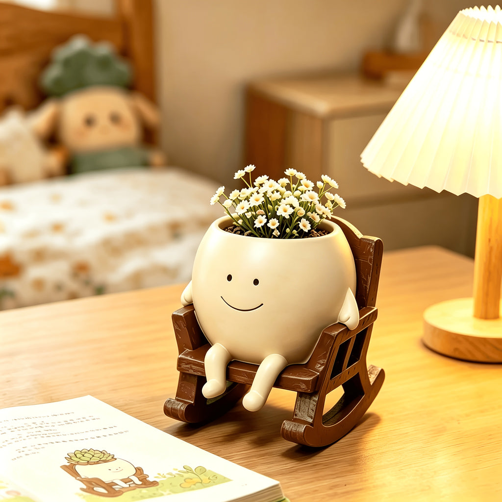 Lot de 2 pots de fleurs souriants sur fauteuil à bascule