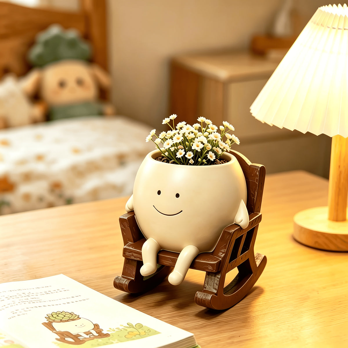 Lot de 2 pots de fleurs souriants sur fauteuil à bascule
