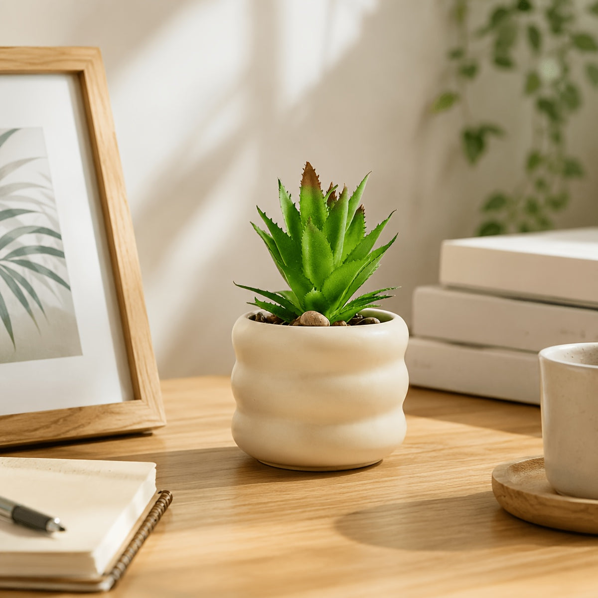 Petit cache-pot en céramique beige avec son aloès artificiel