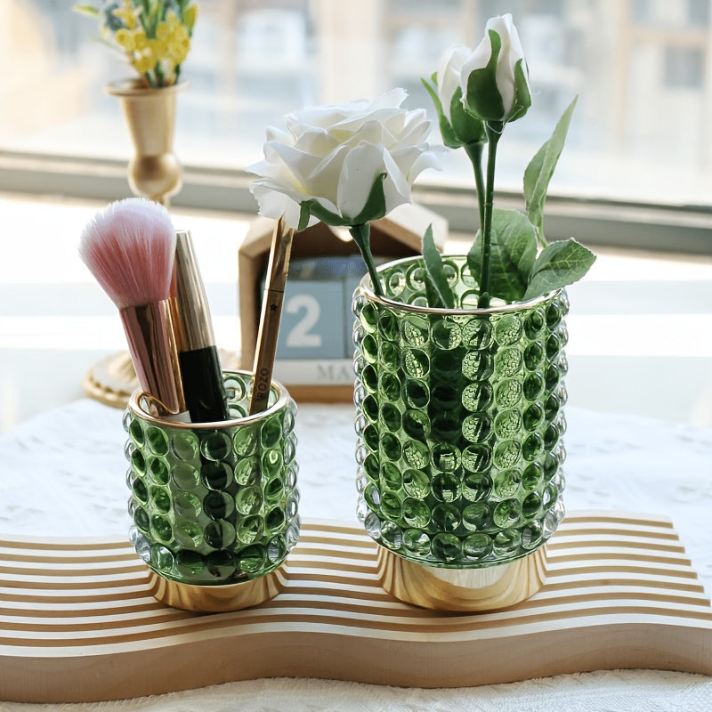 Petit cache-pot en verre bullé doré ou vert, socle brillant