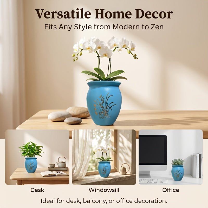 Pot de fleur bleu mat Ø 12 cm à motif orchidée, lot de 2