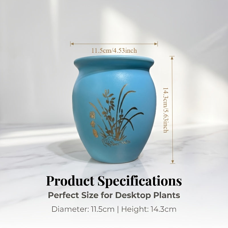 Pot de fleur bleu mat Ø 12 cm à motif orchidée, lot de 2